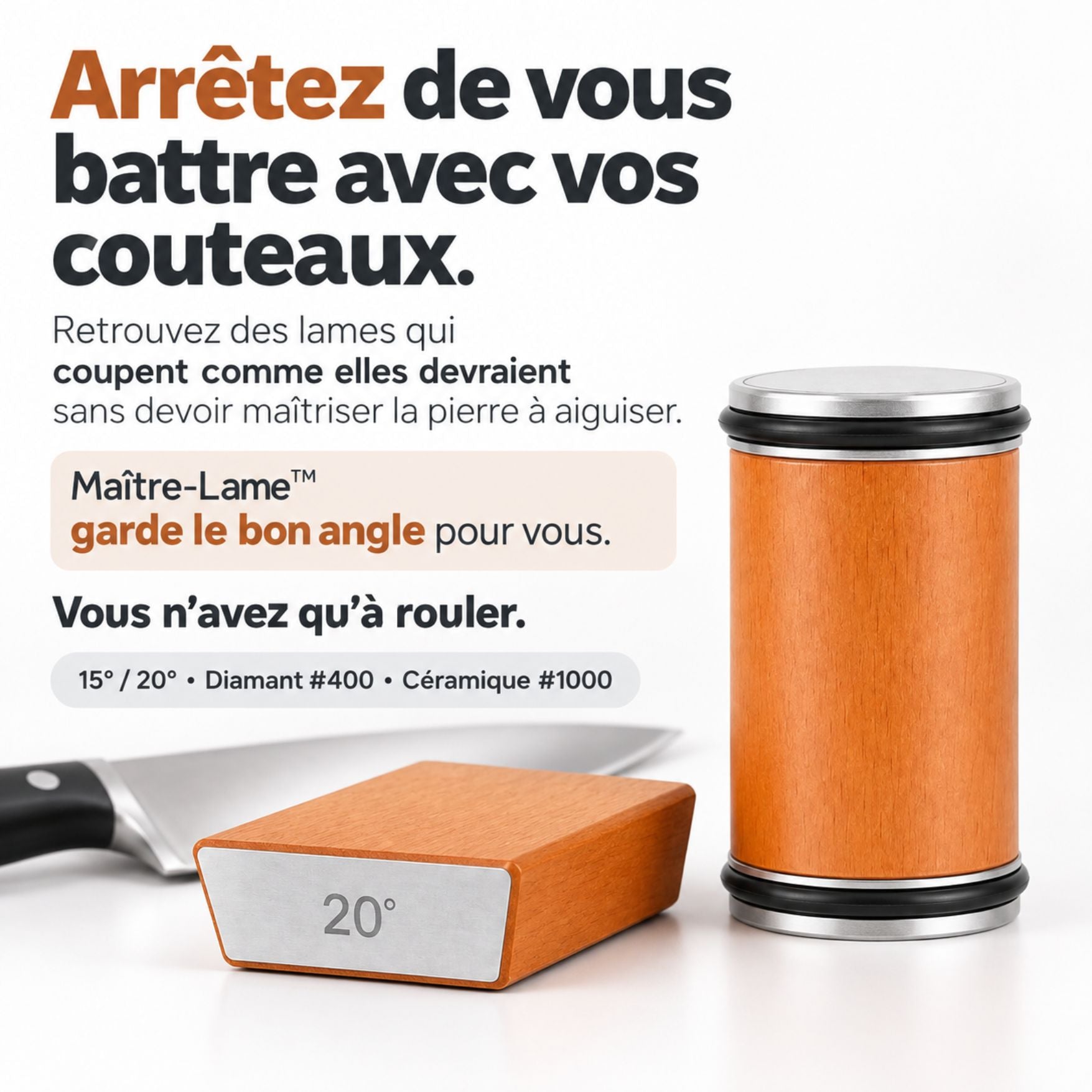 Aiguiseur de couteaux à rouleau magnétique – 15° et 20° | Maître-Lame